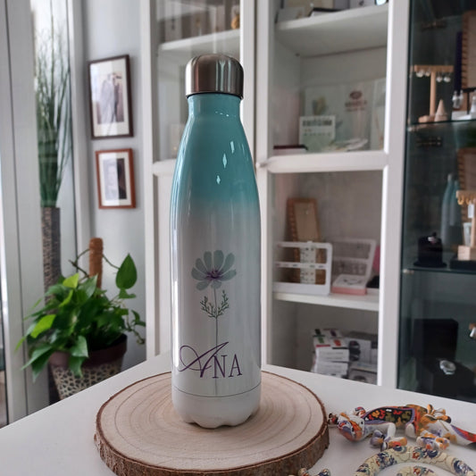 Botella termo personalizada degradada verde turquesa con flor