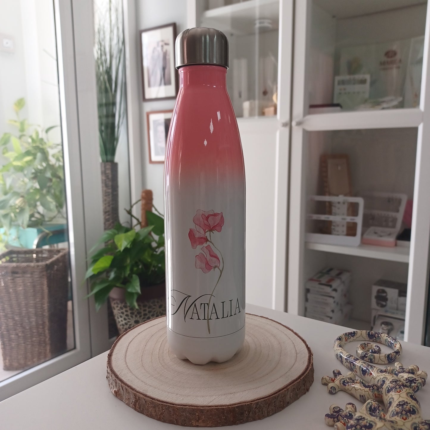 Botella termo personalizada degradada rosa con flor