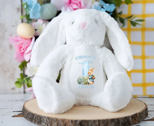 Conejito de peluche blanco personalizado, ideal para regalo divertido de bebés.